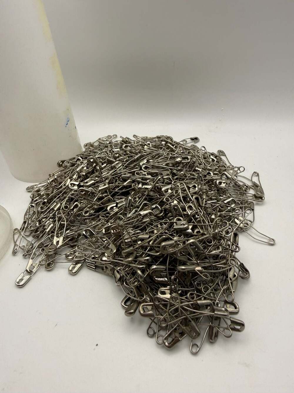 Bulk Silver Nickel-Plated Safety Pins in Plastic Container